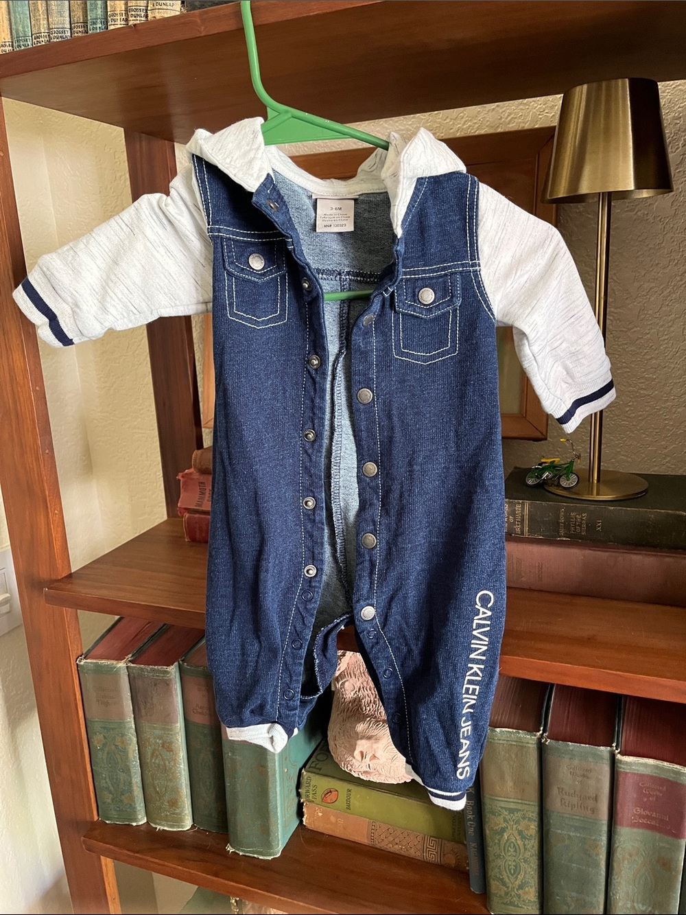 Calvin Klein Jeans Navy Denim-Look Hooded Romper with White Sleeves